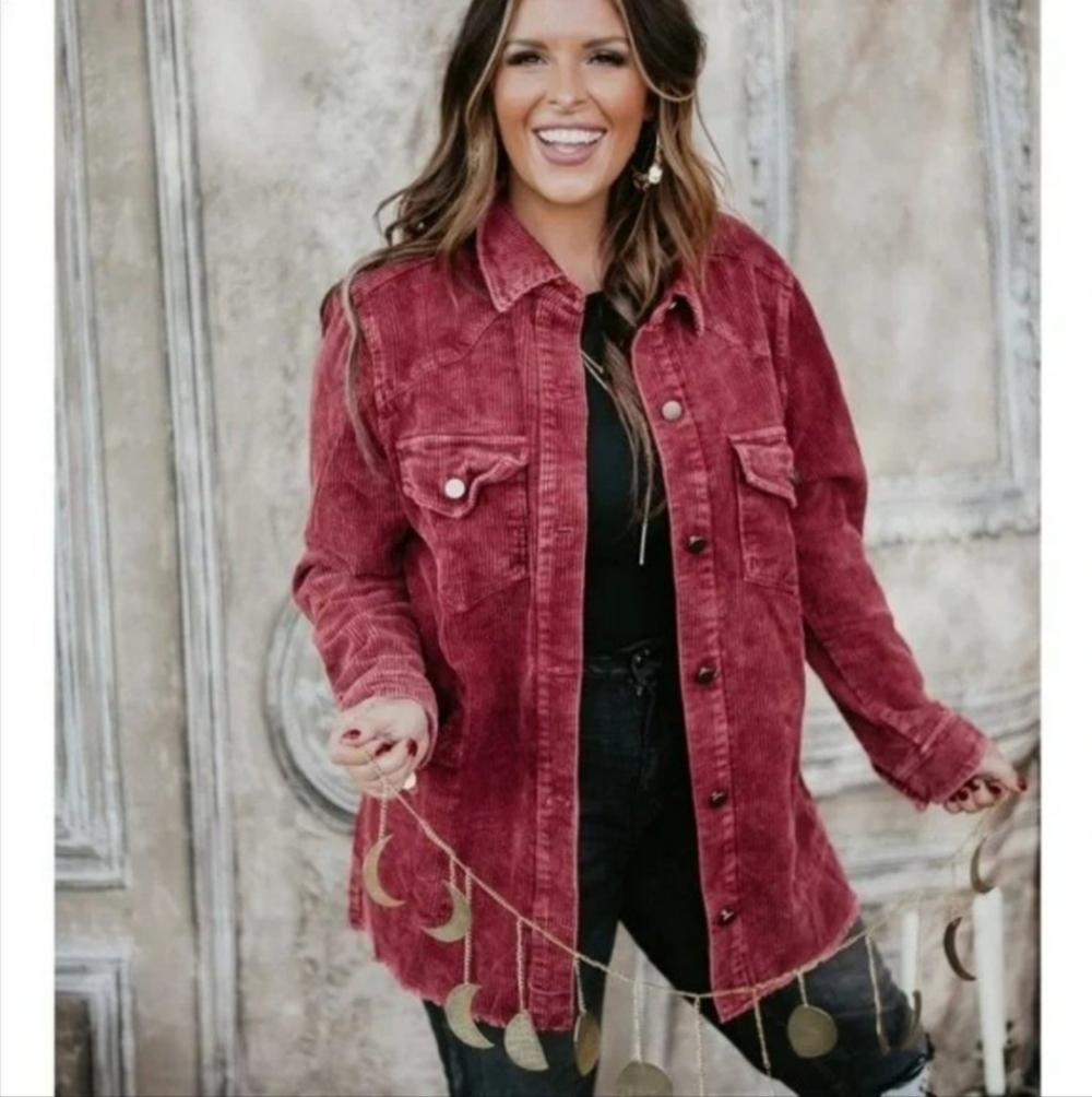 She + Sky Women's 100% Cotton Maroon Corduroy Shacket_ Med